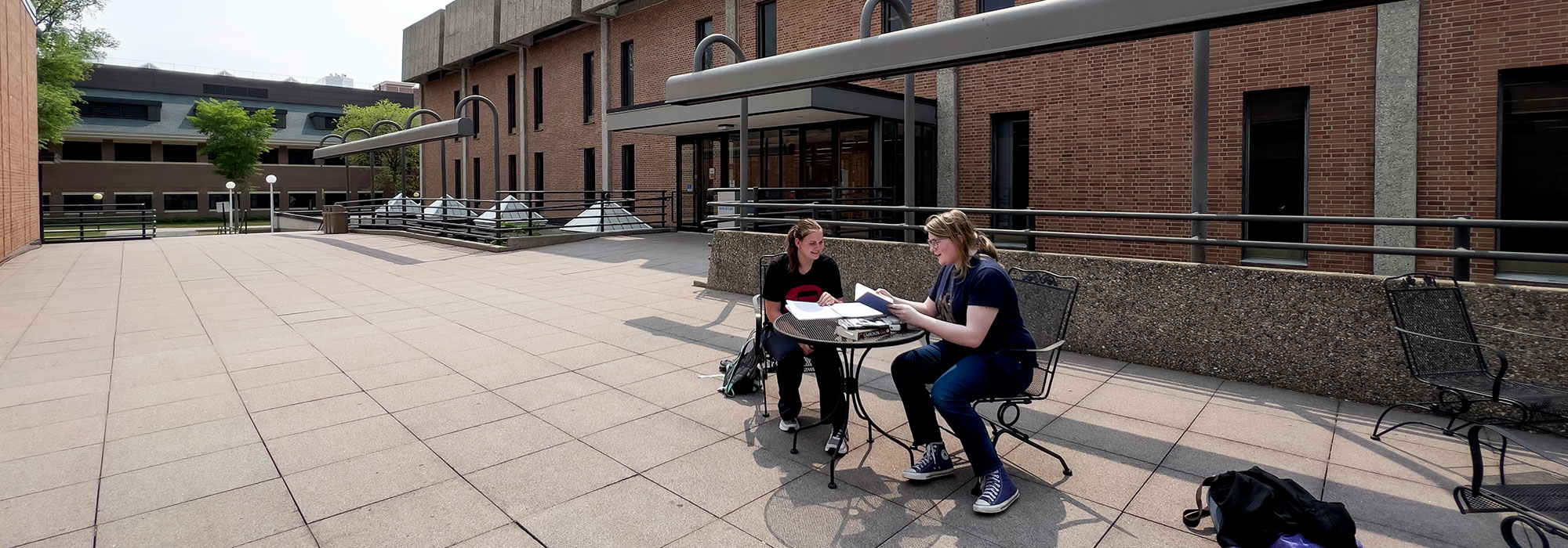 Two students sitting at tables in front of Rodney A. Briggs Library